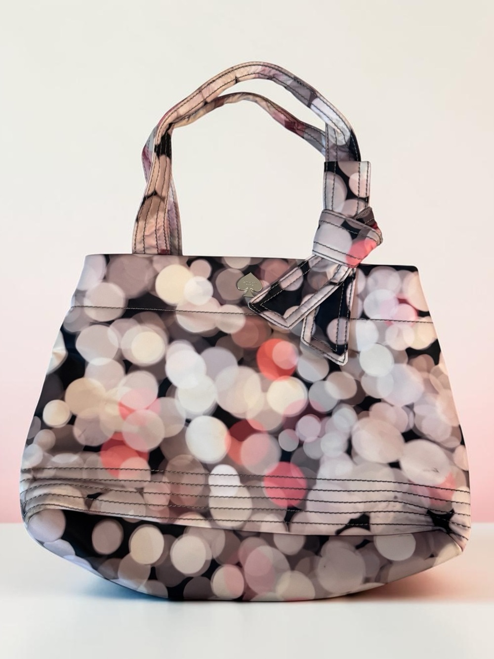 Authentic Kate Spade Dot Nylon Tote Bag Pink Black White Bow Accent